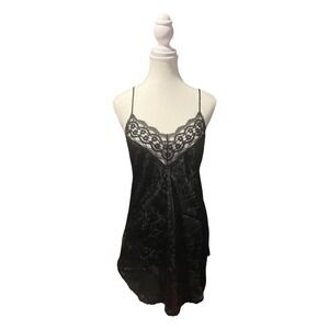 Deena Vintage Black Satin‎ Lace Chemise Slip Dress M